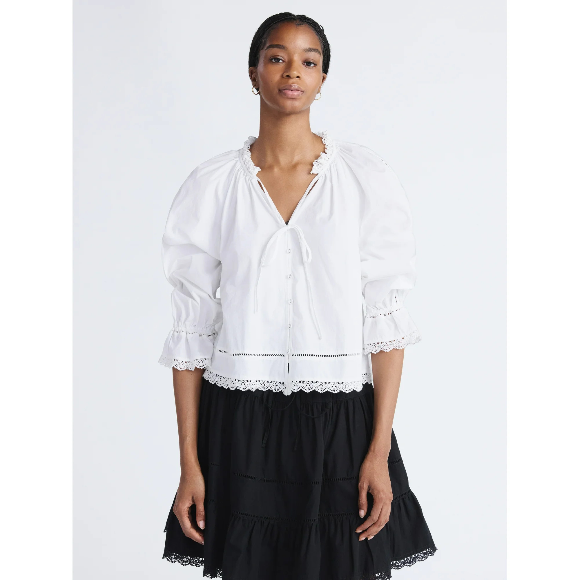 Free Assembly Women's Cotton Eyelet Ruffle Neck Blouse with Long Sleeves, Sizes XS-XXL | Walmart (US)