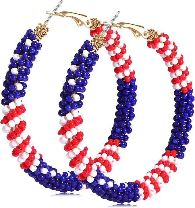 CEALXHENY Beaded Hoop Earrings for Women Mixed Color Bead Dangle Earrings Bohemia Hoop Dangle Ear... | Amazon (US)