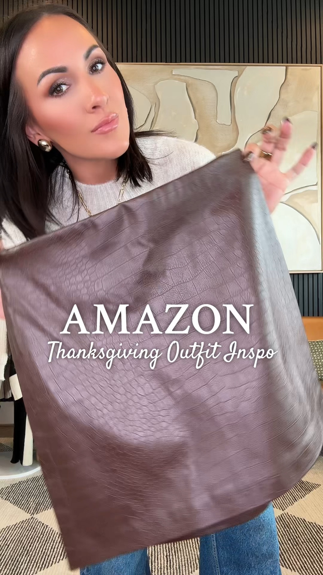 Thanksgiving Outfit Inspo 🍂

This cozy Amazon look is perfect for a chic yet comfortable holiday! Pairing an oversized knit with faux leather and suede accents for an effortless vibe.

• Sweater: wearing size small (already oversized)
• Skirt: extra small
• Tights: small

For reference: I’m 5’2”, 130 lbs, 34DD, 25” waist.

#ThanksgivingOutfit #affliate #AmazonFashion #PetiteStyle #AmazonFinds #FallFashion #petitefashion #StyleInspo #fashionover40 #FallOutfit