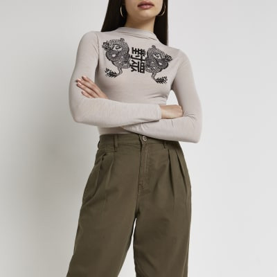 Beige dragon print top | River Island (UK & IE)