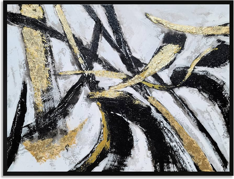 Yihui Arts Black White Canvas Wall Art - Hand Painted Modern Abstract Oil Painting with Gold Foil... | Amazon (US)