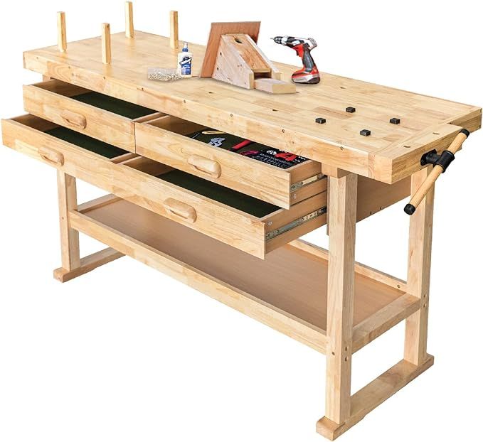 Olympia Tools 60-Inch Wooden Workbench - Rubberwood Workbench with 4-Drawer, 450lbs Weight Capaci... | Amazon (US)