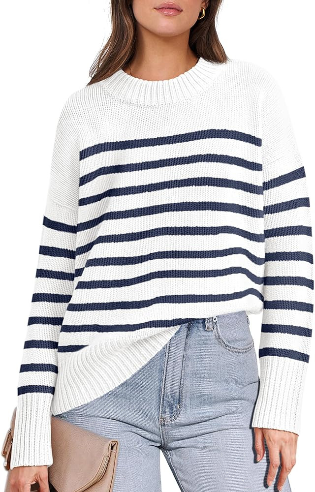 ANRABESS Women Fall Fashion Sweaters Striped Long Sleeve Crewneck Loose Fit Cozy Knit Trendy Pull... | Amazon (US)