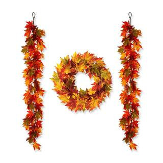 24 in. D Fall Lighted Maple Leaves Artificial Christmas Wreath and Lighted Fall Maple Leaves Garl... | The Home Depot