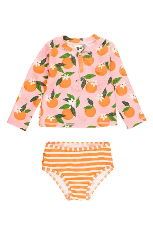 RuffleButts Orange You the Sweetest Long Sleeve Two-Piece Rashguard Swimsuit in Pink at Nordstrom, Size 2T | Nordstrom