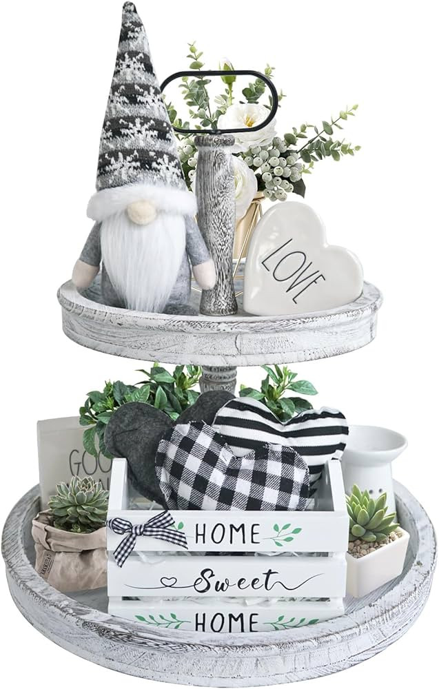 Mini Crate Farmhouse Tiered Tray Decor, Plaid Gnomes Plush Home Kitchen Decor,Mini Wood Gnome Set... | Amazon (US)