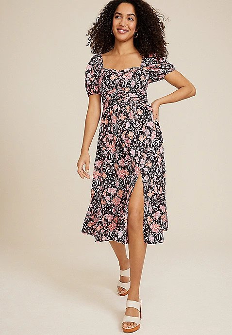 Floral Sweetheart Neck Midi Dress | Maurices