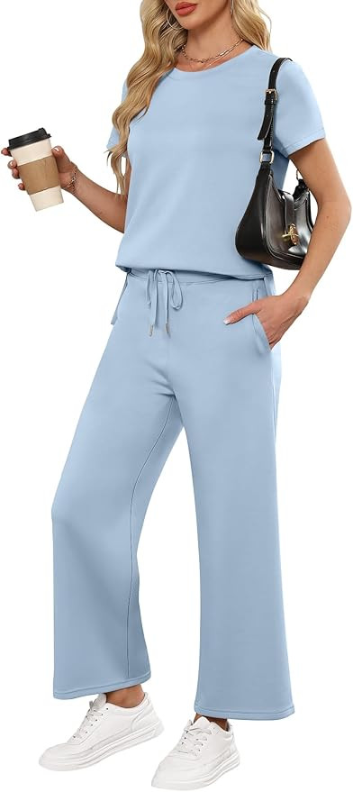 ANRABESS Women 2 Piece Lounge Sets Summer Travel Sweat Outfits Short Sleeve Wide Leg Casual Match... | Amazon (US)