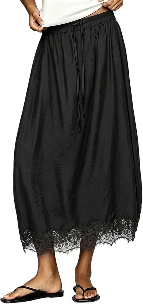 Women Midi Skirt Elegant Lace Trim Boho Drawstring Loose Fit Skirts | Amazon (US)