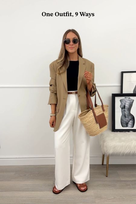 Camel blazer outfit with white trousers, tan sandals & basket bag.

Size details 👇🏼
Blazer 34 (old ARKET so similar linked) 
Top: xs
Trousers: 26 short
Sandals 37 

#LTKstyletip #LTKshoecrush #LTKfindsunder50