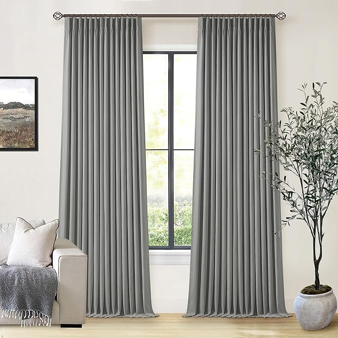Grey Pleat Linen Blackout 102 Inch Curtains for Bedroom 2 Panels | Amazon (US)