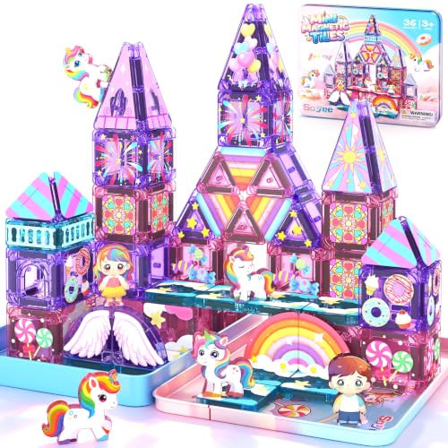 Mini Magnetic Tiles Building Blocks with 4 Unicorn Toys Girls Toys Gifts | Amazon (US)