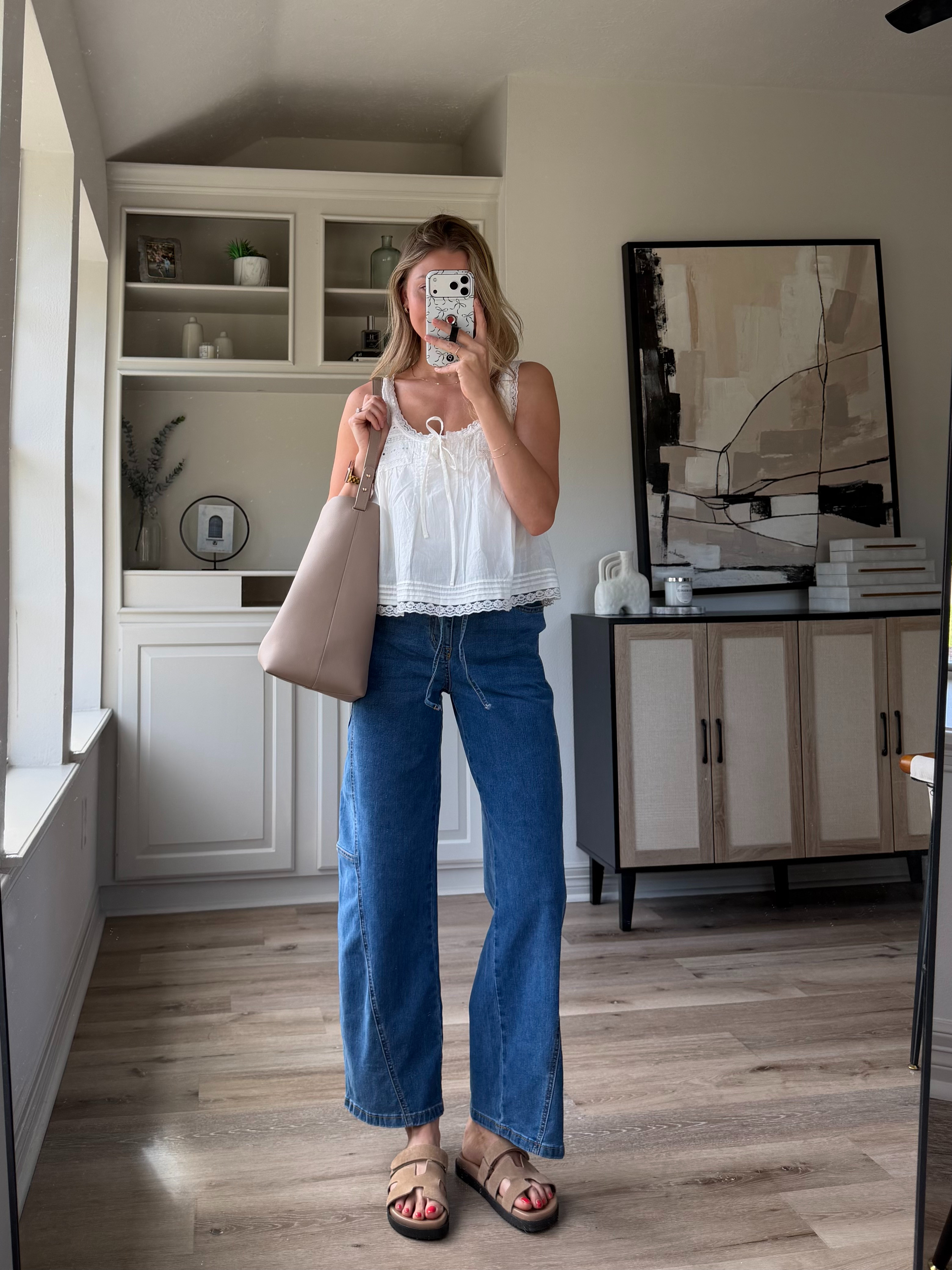 Comfy, put together mom outfit inspo | small in lace top, 4 in stretchy denim  

 #LTKootd