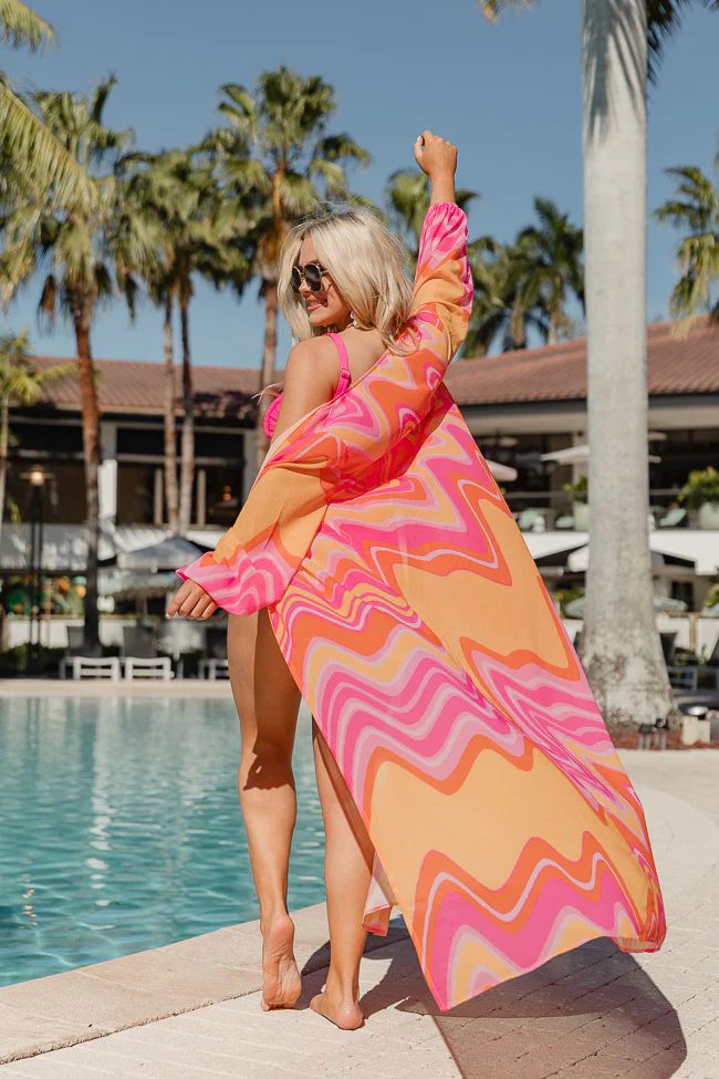 Eyes On Paradise in Serenity Swirl Pink and Orange Swirl Belted Kimono Cover Up | Pink Lily