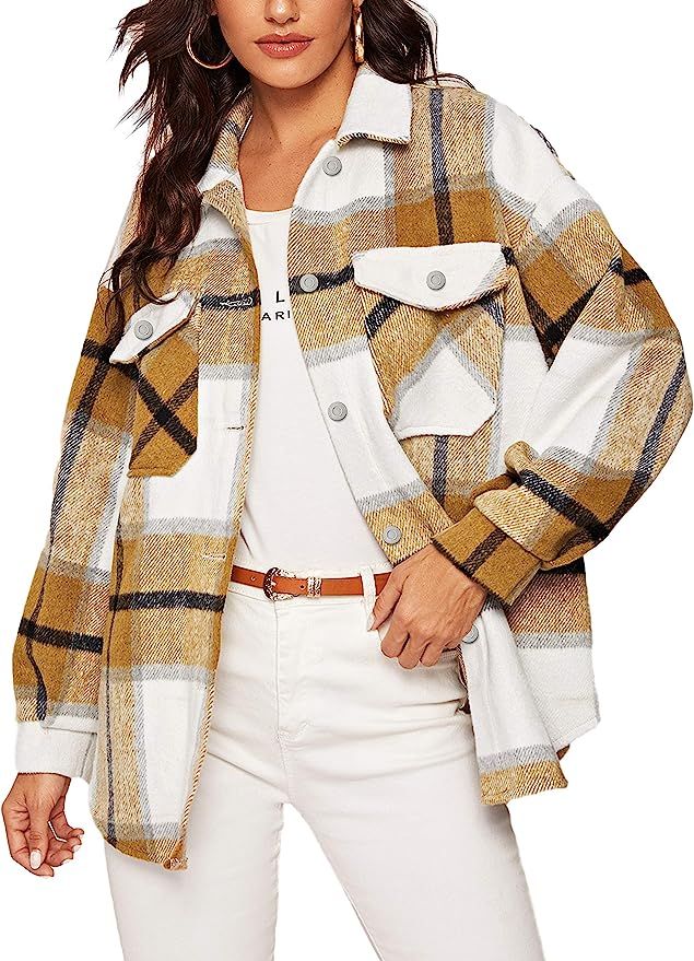 Springrain Women's Casual Wool Blend Plaid Button Down Long Sleeve Shacket Jacket Coat | Amazon (US)