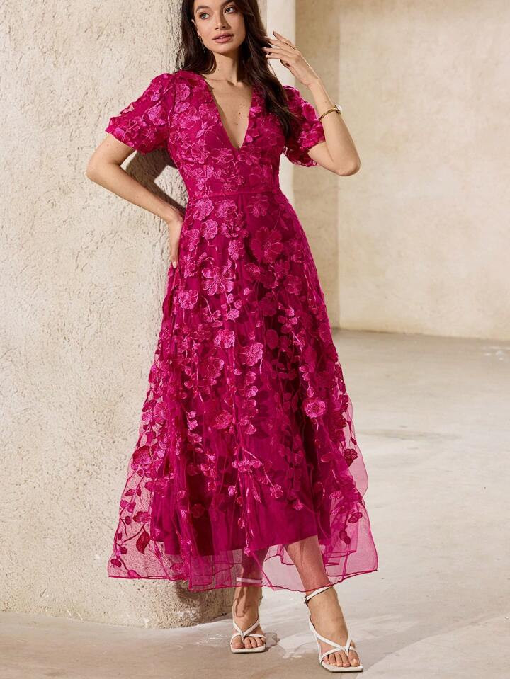 Aveloria Rosie Romantic Solid Color 3D Floral V-Neck Short Sleeve Dress For Women, Summer Elegant... | SHEIN