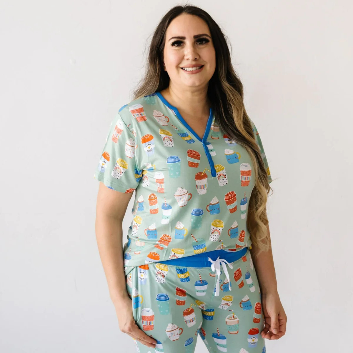 Aqua I Love You A Latte Women's Short Sleeve Bamboo Viscose Pajama Top | Little Sleepies