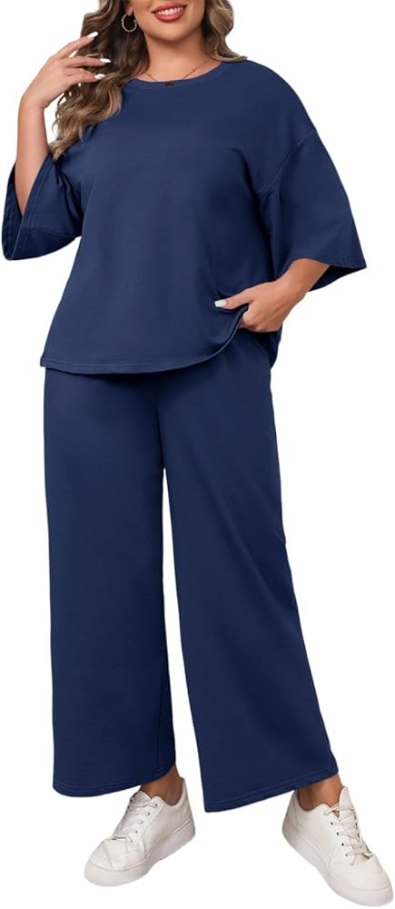 Beautife Womens Plus Size 2 Piece Outfits 3/4 Sleeve Tops and Wide Leg Pants Loungewear Pajamas S... | Amazon (US)