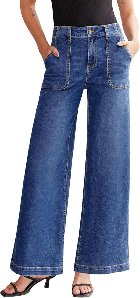 Sidefeel Womens Wide Leg Jeans High Waisted Stretchy Straight Leg Baggy Denim Pants with Pockets | Amazon (US)