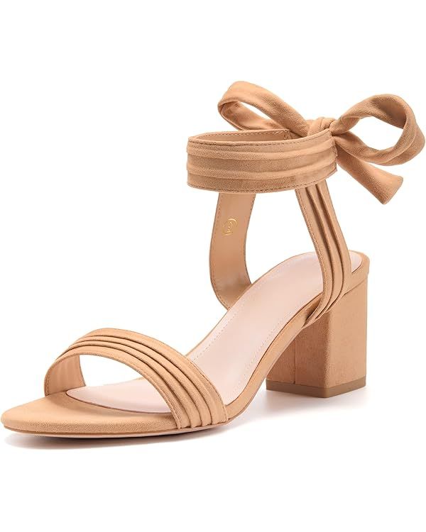 Coutgo Womens Open Toe Ankle Tie Back Low Block Chunky Heels Sandals Party Dress Pumps Shoes | Amazon (US)