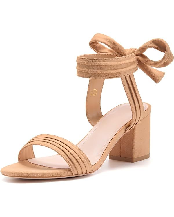 Coutgo Womens Open Toe Ankle Tie Back Low Block Chunky Heels Sandals Party Dress Pumps Shoes | Amazon (US)