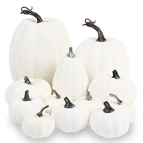 LOMIMOS 12pcs Halloween White Decorative Pumpkins,Assorted Size Artificial Pumpkins for DIY Fall Harvest Thanksgiving Home Decorating Embellishing and Displaying | Amazon (US)