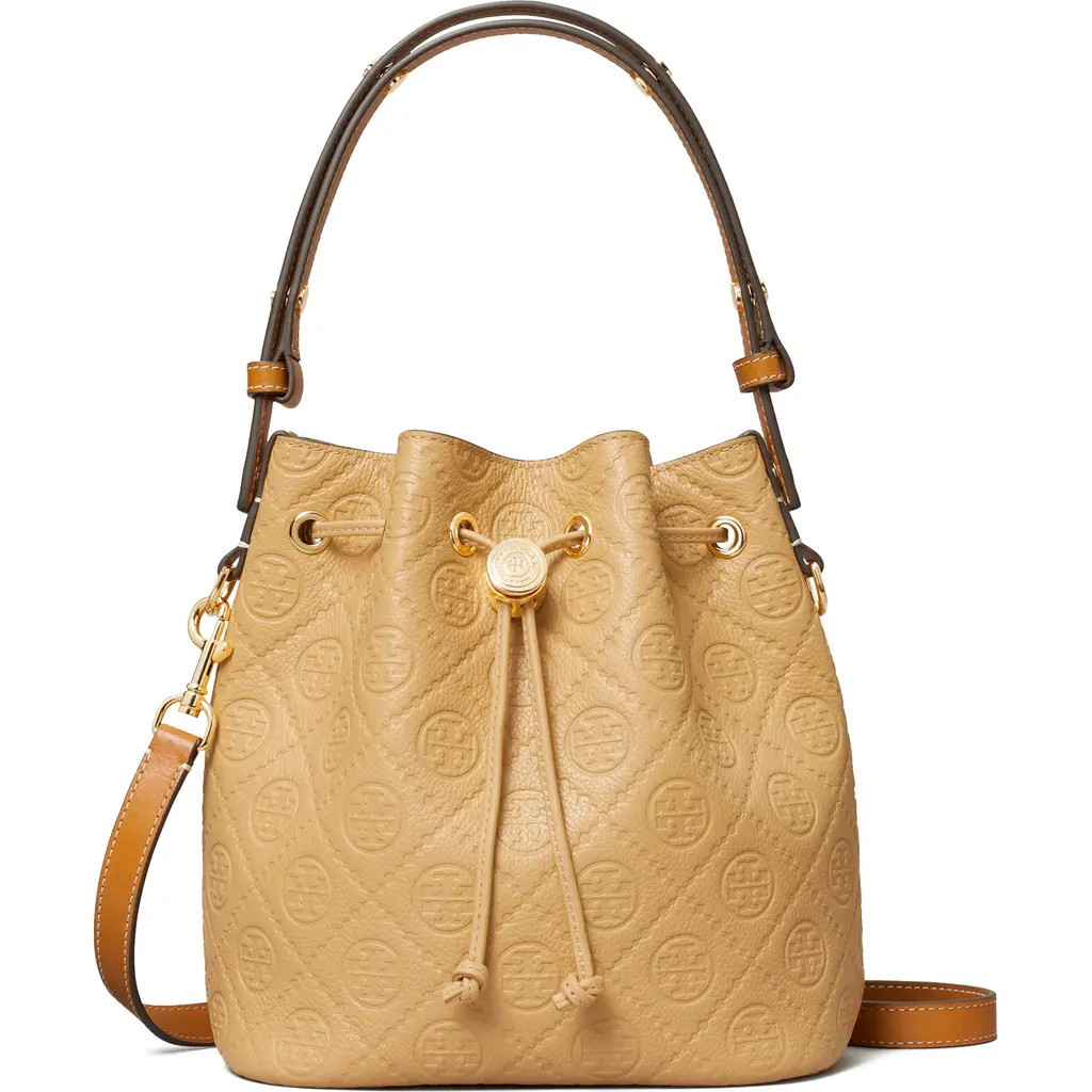 Tory Burch T Monogram Debossed Pebble Leather Bucket Bag in Biscotti at Nordstrom | Nordstrom