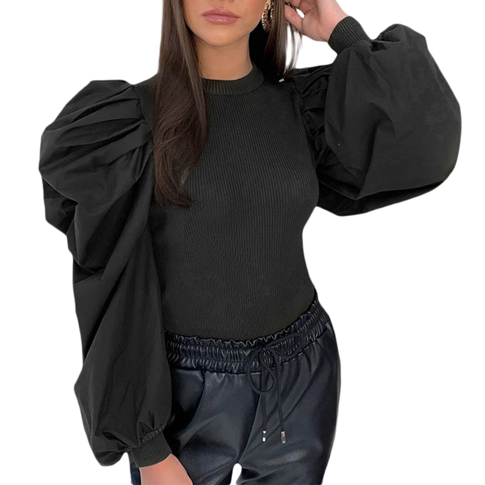 CIYCuIT Women's Elegant Sequin Mesh Sheer Puff Long Sleeve Mock Neck Slim Fit Party Blouse Shirt ... | Walmart (US)