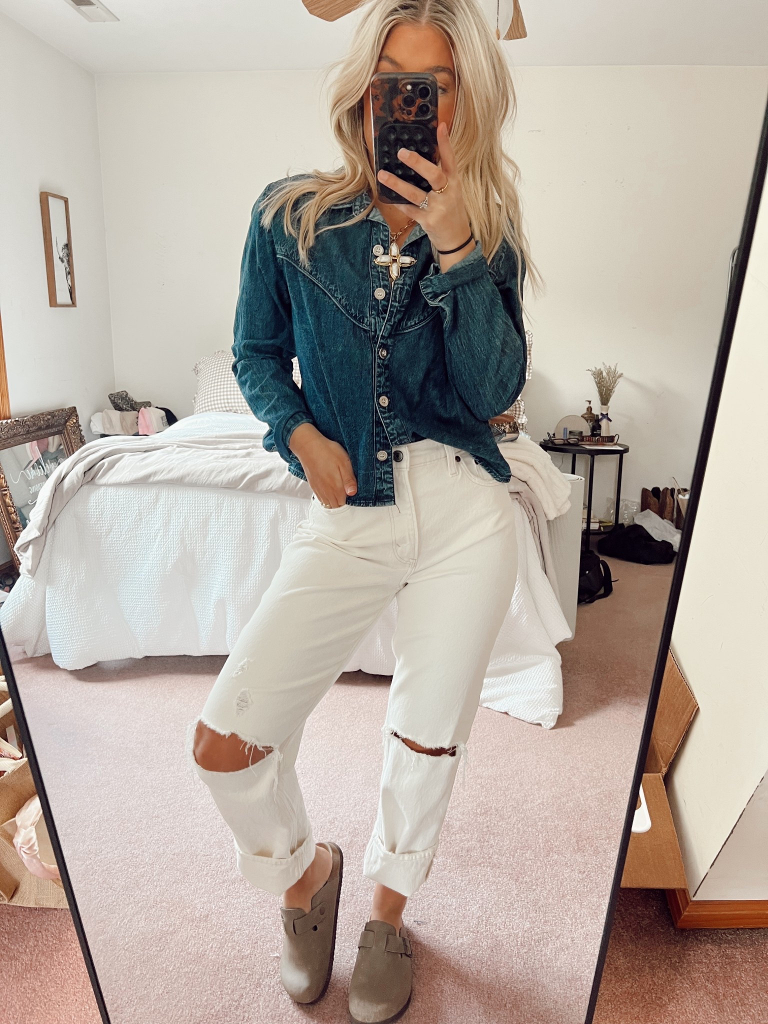 Weekend uniform: denim button up, white ripped jeans, and my favorite clogs. Easy, comfortable, and still put together. Everything is linked on LTK for a casual everyday outfit you can wear on repeat.

#ootd #ltkstyle #ltkfashion #casualoutfit #everydaystyle #neutraloutfit #minimalstyle

#LTKSaleAlert #LTKStyleTip #LTKFallSale