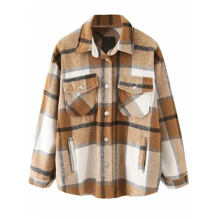 Aunavey Womens Plaid Lapel Button Dwon Shacket Warm Jacket Shirts Coats with Pockets | Walmart (US)