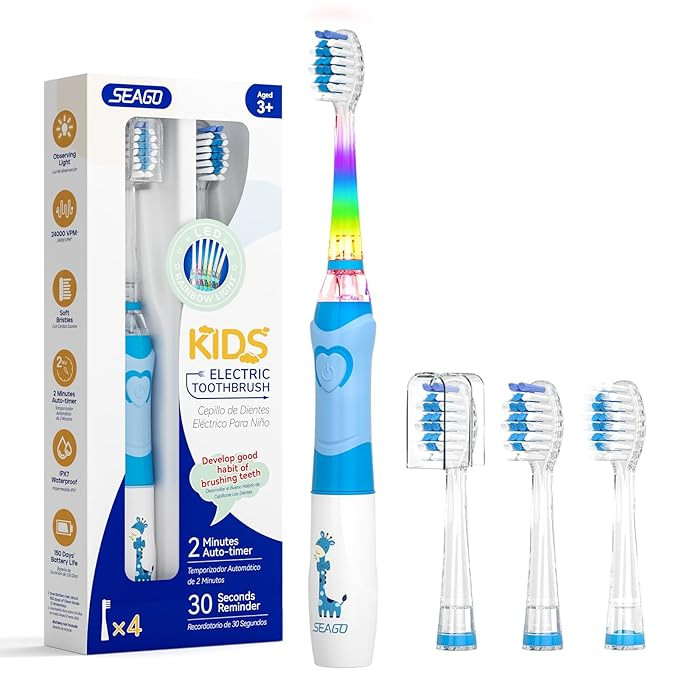 SEAGO Kids Electric Toothbrush with 2 Mins Brushing Timer and 4 Replacement Bursh Heads, Rainbow ... | Amazon (US)
