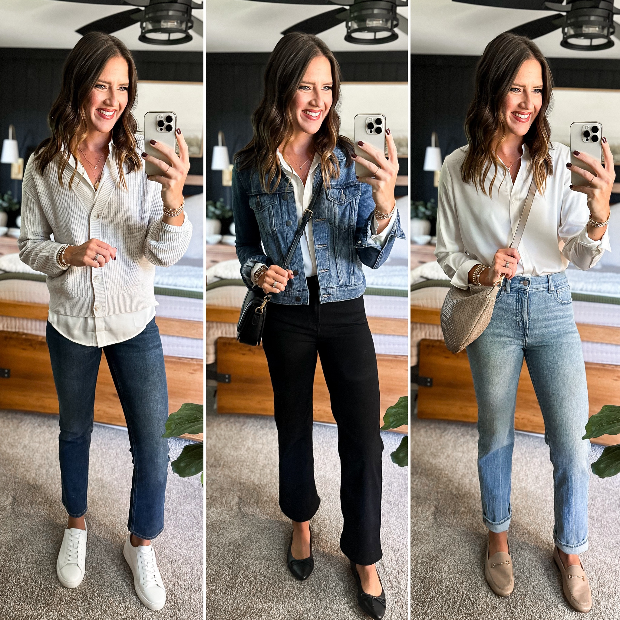 Fall Capsule Wardrobe - Ivory Silk Blouse 

Blouse - small
Dark wash jeans - size 26 
Ivory cardigan (medium) 
Black jeans (size 26) 
Linking similar denim jacket because mine is old
Light wash jeans (size 26) 


#LTKFindsUnder50 #LTKStyleTip #LTKFindsUnder100
