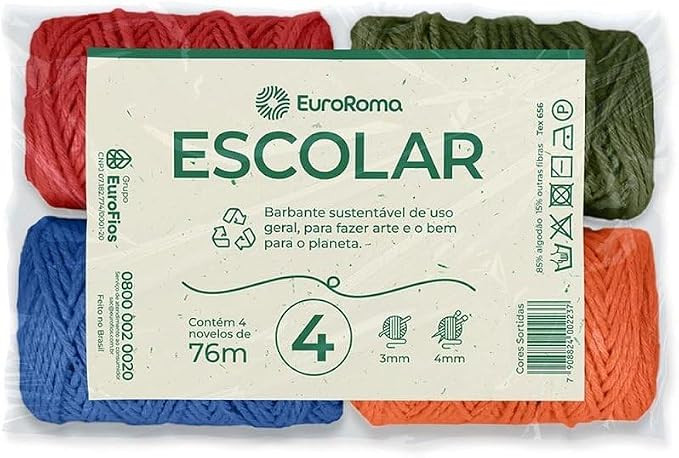Barbante Colorido, Euroroma, 50 Gramas, Escolar, 4/4, 76 Metros, Sortido, Pacote com 4 | Amazon (BR)