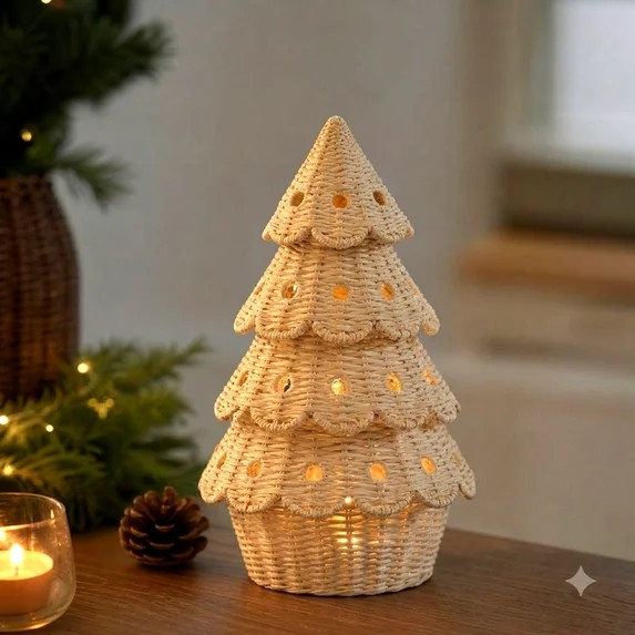 Woven Christmas Ornament, 12" Wicker Christmas Tree‑Shaped Natural Rattan Tabletop Decor with S... | Walmart (US)