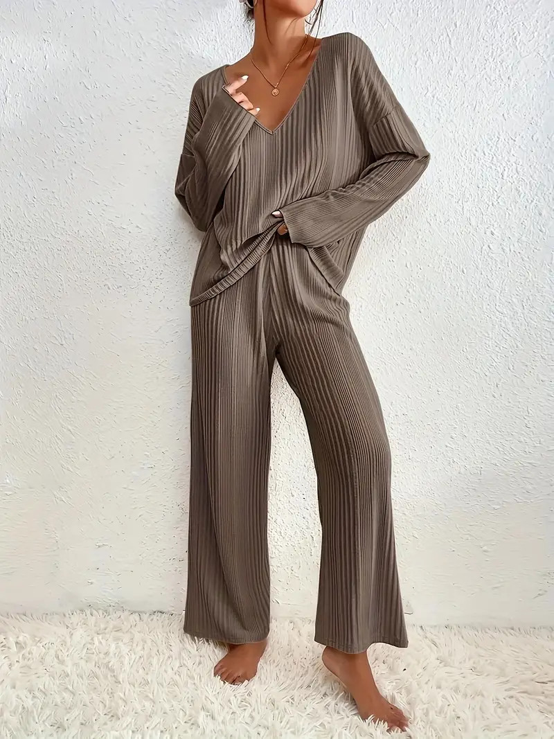 Casual Solid Two piece Set Long Sleeve Top Long Pants - Temu | Temu Affiliate Program