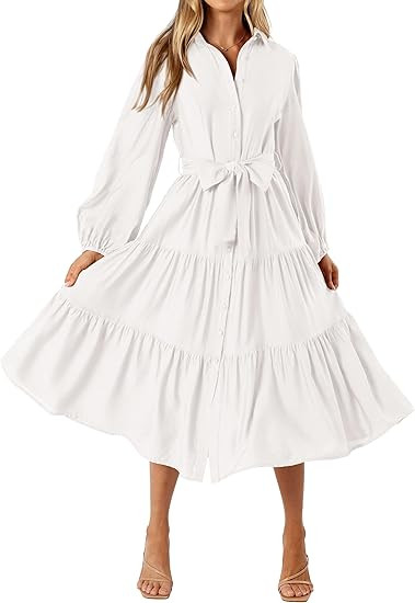 MASCOMODA Womens Dresses 2025 Fall Long Sleeve Midi Dress Casual V Neck Button Down Tiered Flowy ... | Amazon (US)