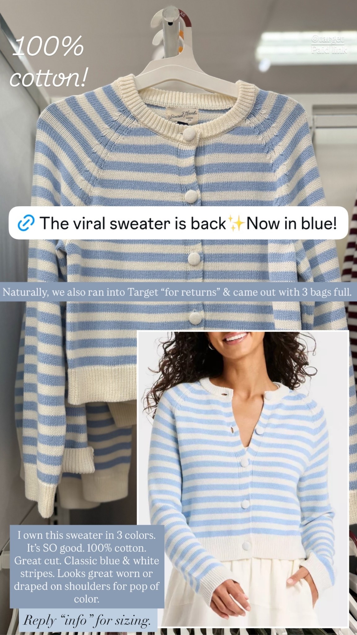 $32 at Target - 100% cotton sweater👏

I own this sweater in 3 colors. It’s SO good. 100% cotton. Great cut. Classic blue & white stripes. Looks great worn alone or draped on shoulders for pop of color. 

SIZING: in my opinion, this runs a little small. I size up to a M for a looser, relaxed fit. 

Target style, affordable, spring fashion, preppy, blue and white, stripe sweater, spring sweater 

#LTKootd #LTKSeasonal