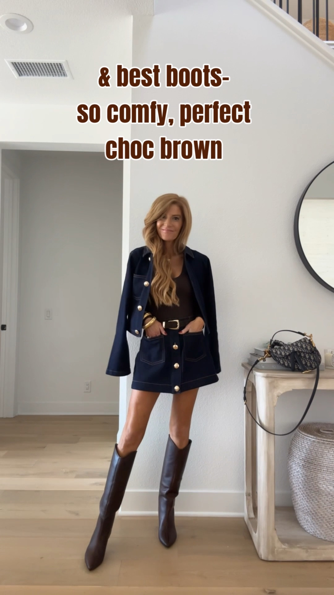 Love this set 💙

Did this chocolate brown bodysuit with this fun dark denim matching set! I love the gold buttons and little pockets on the skirt. Paired it with my comfy dark brown boots and a denim dior to complete the look. Easy Fall look!! 

#matchingset #


#LTKFindsUnder100 #LTKShoeCrush #LTKSeasonal