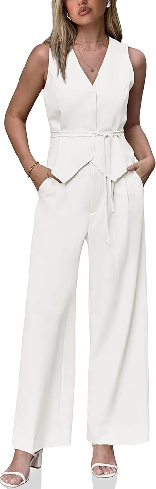 Cicy Bell Womens Business Casual 2 Piece Outfits V Neck Sleeveless Tie Waist Blazer Vest Pleated ... | Amazon (US)