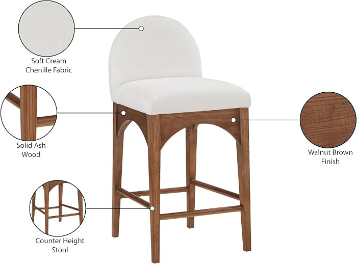 Meridian Furniture 393Cream-C Waldorf Collection Art Deco Stool with Soft Cream Chenille Fabric, Solid Ash Wood, Walnut Brown Finish, Counter Height Stool, 18" W x 20" D x 37" H, Cream | Amazon (US)