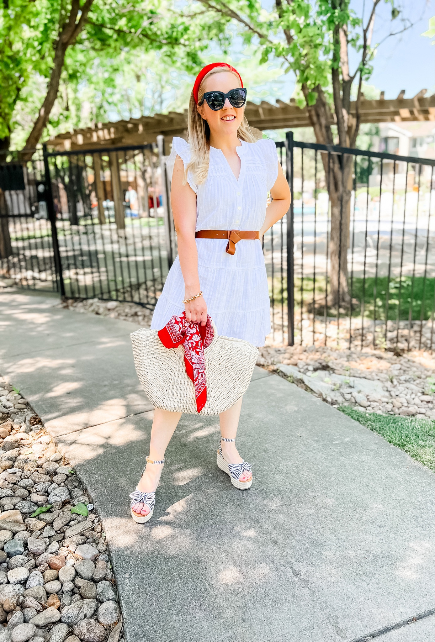 July 4th outfit. White flutter sleeve dress is $40! Wearing small petite and suggest sizing down. Similar shoes, belt, and straw tote.

Summer outfit. 4th of July. July 4th. Petite outfit. Petite dress. Summer dress. White dress. Summer fashion. 

#LTKsalealert #LTKunder100