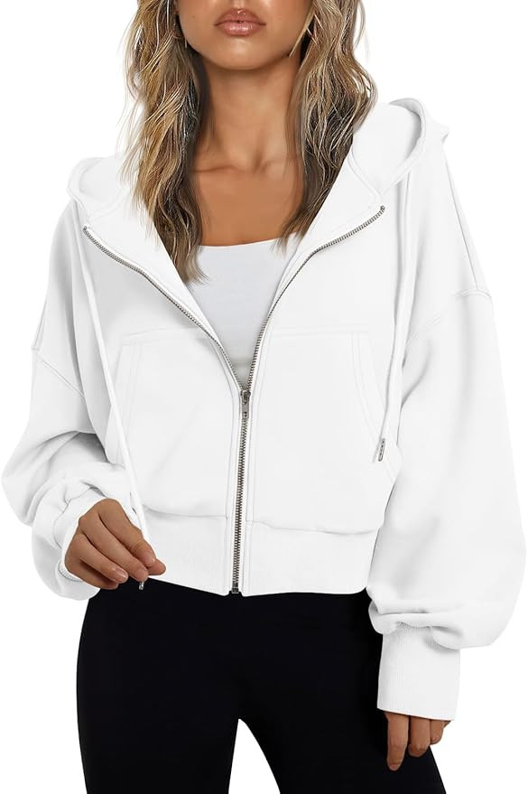 Trendy Queen Hoodies for Women Full Zip Up Cropped Sweatshirts Jackets Casual Comfy Gym Tops Fall... | Amazon (US)