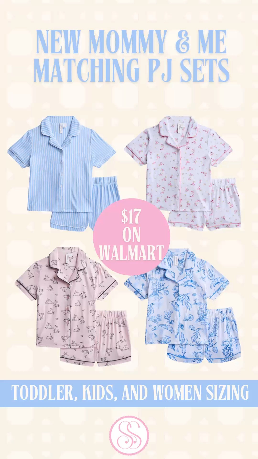 mommy and me matching pajamas, mother daughter matching pajamas, matching family pajamas, mothers day pajamas, mothers day gift ideas, easter basket gift for her, easter basket pajamas kids, matching pajamas toddler and mom, spring pajamas women, floral pajama set women, striped pajama set women, toile pajama set women, notch collar pajama set, walmart pajamas women, affordable matching pajamas, spring sleepwear women

Walmart just dropped the mommy and me matching pajama set that was made for Easter baskets, Mother’s Day morning, and every matching photo moment between now and September.

Four prints. Toddler, kids, and women sizing. $17.

Notch collar. Full button closure. Chest pocket. Contrast piping at every edge. Boxer-style shorts with elastic waistband and side seam pockets.

Blue stripe. Pink floral. Pink bunny print. Blue toile.

Soft polyester jersey that feels light and lived-in. Easy to wash. Easy to grab two prints of because at $17 that is absolutely the move.

Here’s where these are going:
— Easter basket gift for mom and daughter
— Mother’s Day morning matching moment
— Lake house and beach house weekends
— The matching photo your feed needs
— The gift that looks like you thought about it
Toddler through women’s XS-XXL. All four prints. All under $20.

The bunny print will not make it to Easter.

#LTKFindsUnder50 #LTKSeasonal #LTKfamily #WalmartStyle #MatchingPajamas #WalmartFinds #MothersDay

#LTKBaby #LTKKids #LTKSeasonal