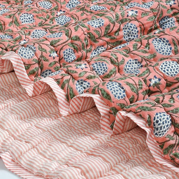 Ridhi Block Print Hand Quilted Dark Salmon Pink Reversible Throw Blanket 100% Cotton Quilt,Cover ... | Amazon (US)