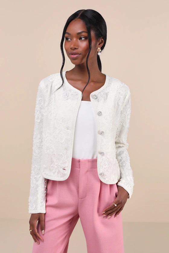 Sophisticated Confidence Ivory Lace Pearl Braid Trim Jacket | Lulus