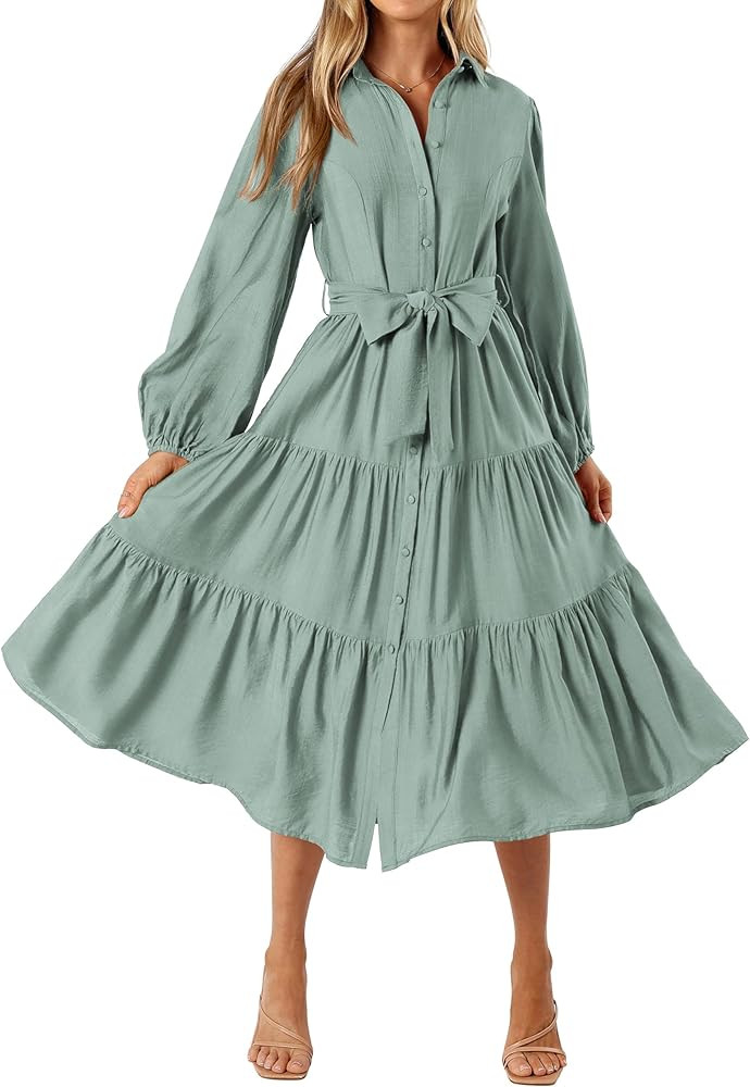 MASCOMODA Womens Dresses 2024 Fall Long Sleeve Midi Dress Casual V Neck Button Down Tiered Flowy ... | Amazon (US)