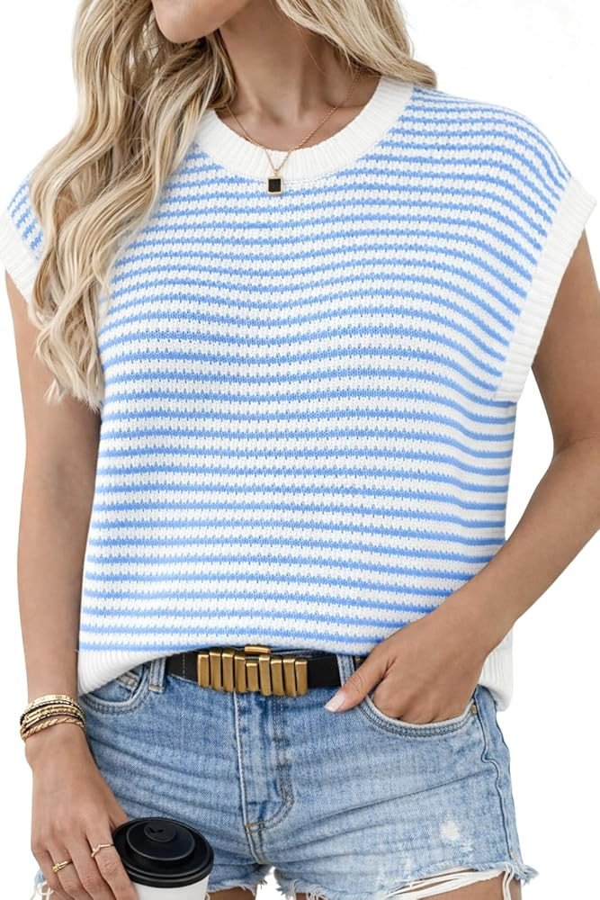 Women’s Striped Knit Sweater Vest Top, Sleeveless Crewneck Chunky Knit Pullover, Casual Loose F... | Amazon (US)