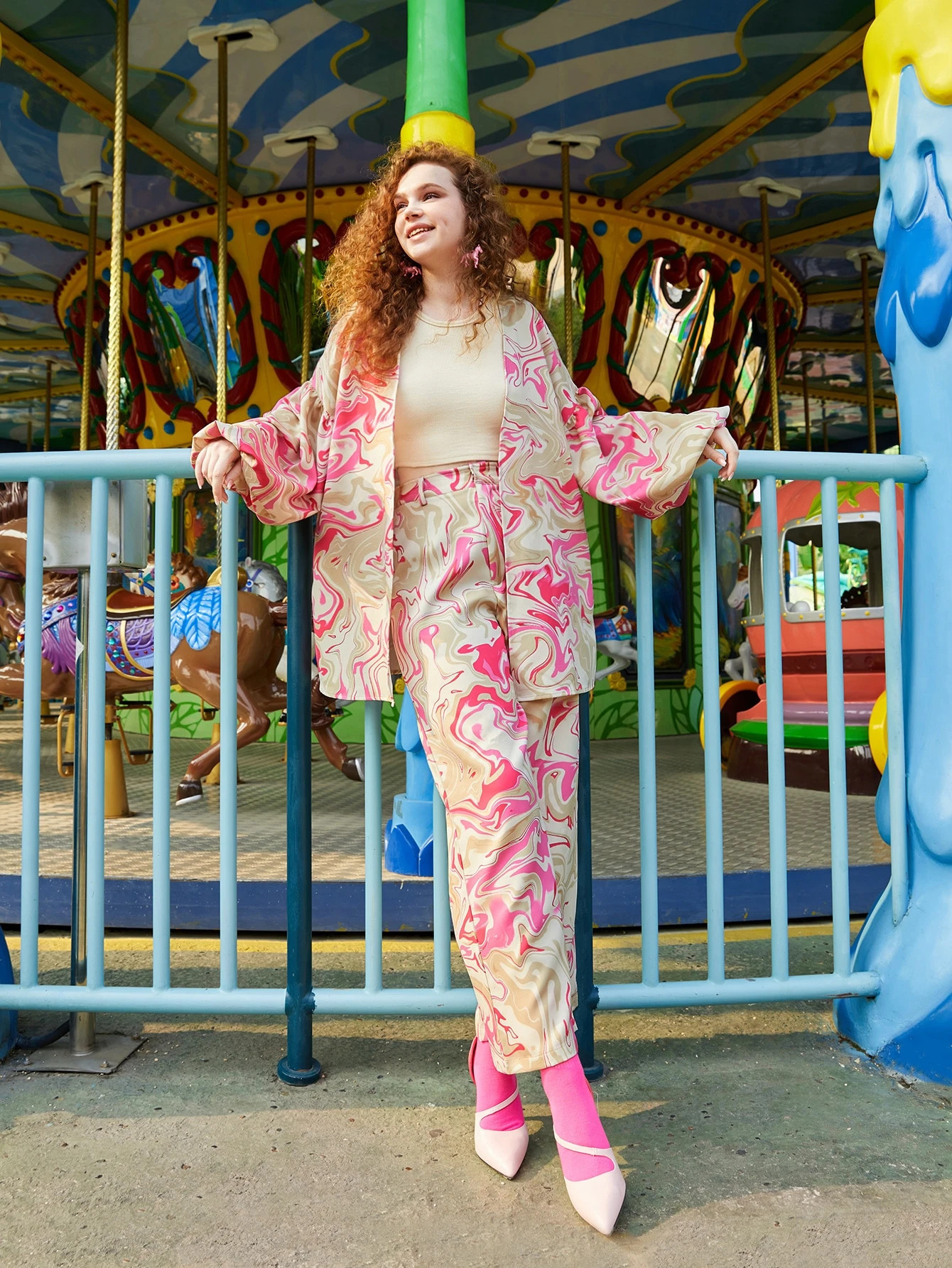 SHEIN X Maryam Marble Print Lantern Sleeve Open Front Coat & Pants | SHEIN
