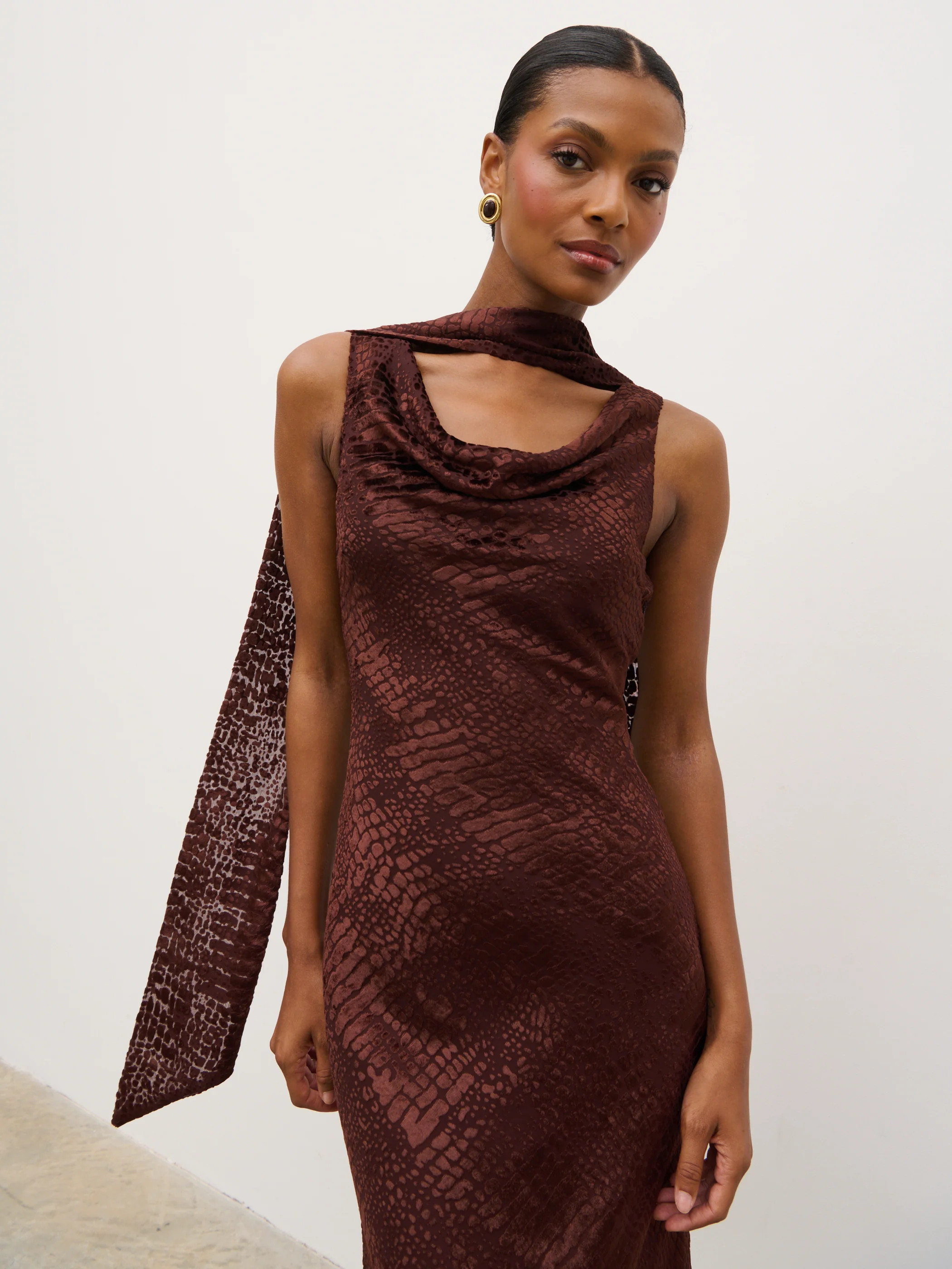 Ainsley Cowl Devore Neck Maxi Slip - Brown | Pretty Lavish (UK)