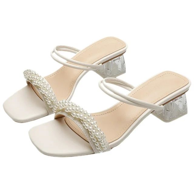 White Summer Shoes for Women Pearl Sandals Woman High Heels Square Women's | Walmart (US)